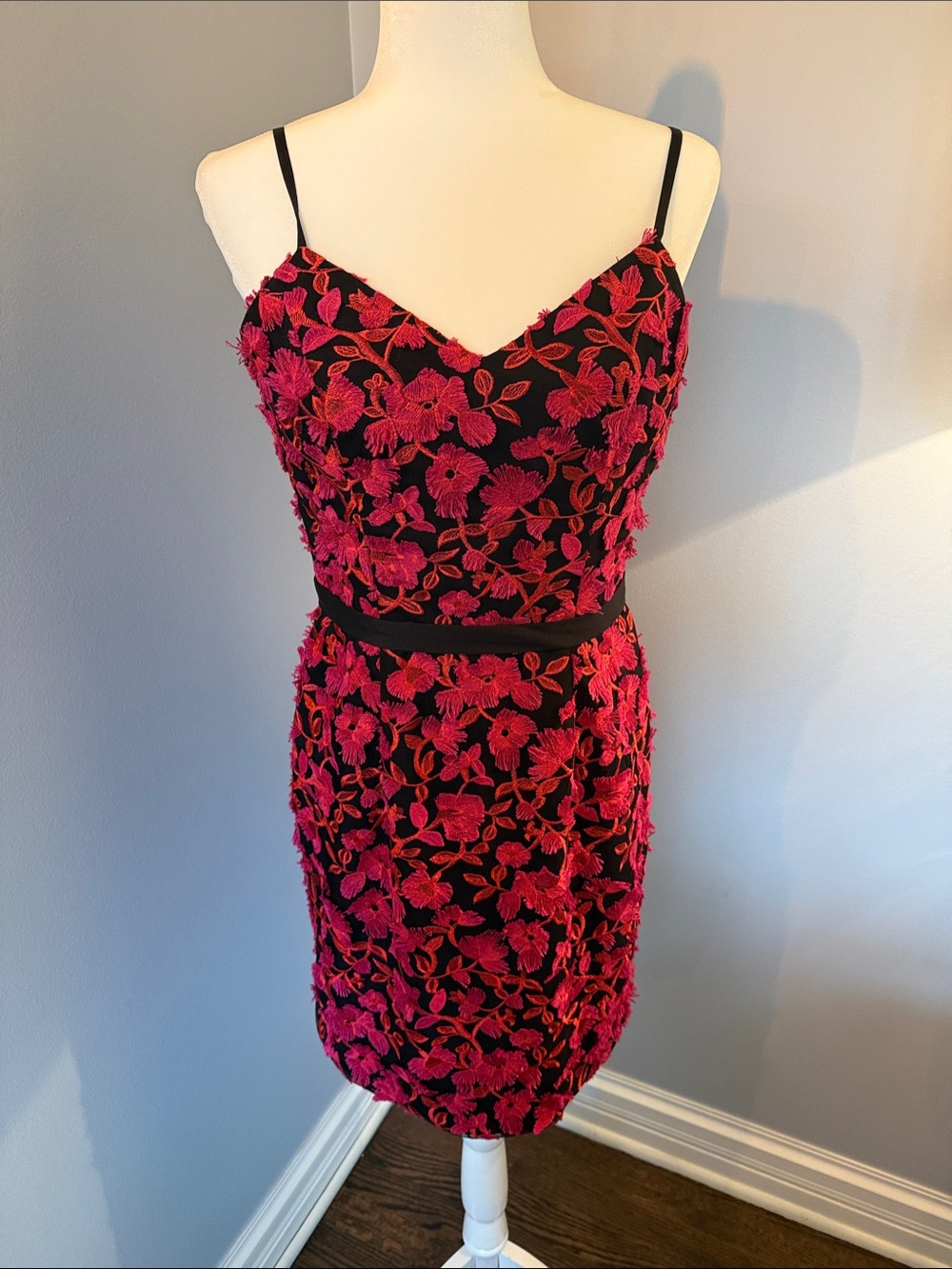 Dress the Population Black Dress with Fuchsia Floral Appliqué